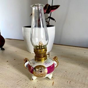 Vintage Mini Ceramic Pink White Striped Iridescent Oil Lamp Japanese Painting